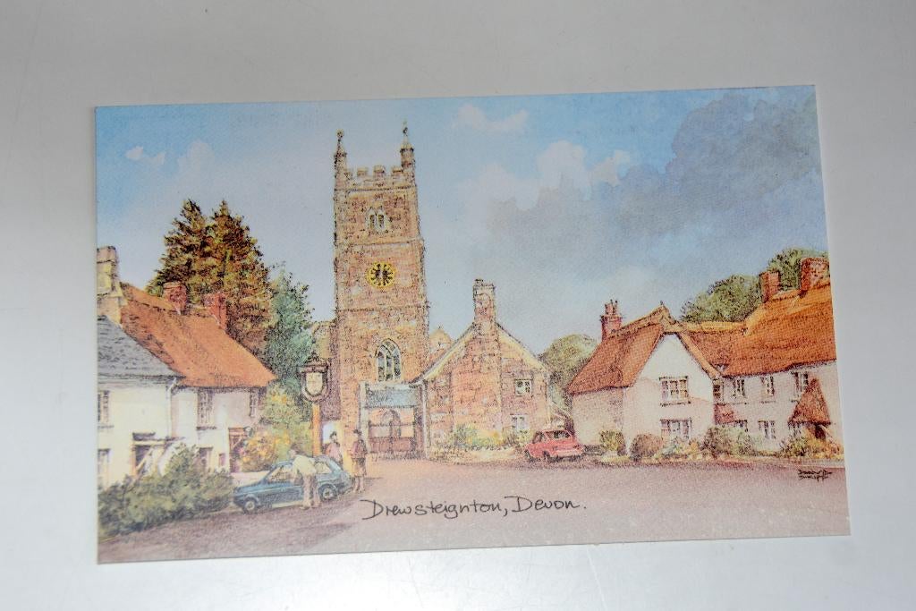 Ansichtkaart Drewsteignton Devon UK David Skipp aquarel, Verzenden, 1980 tot heden, Ongelopen, Stad of Dorp