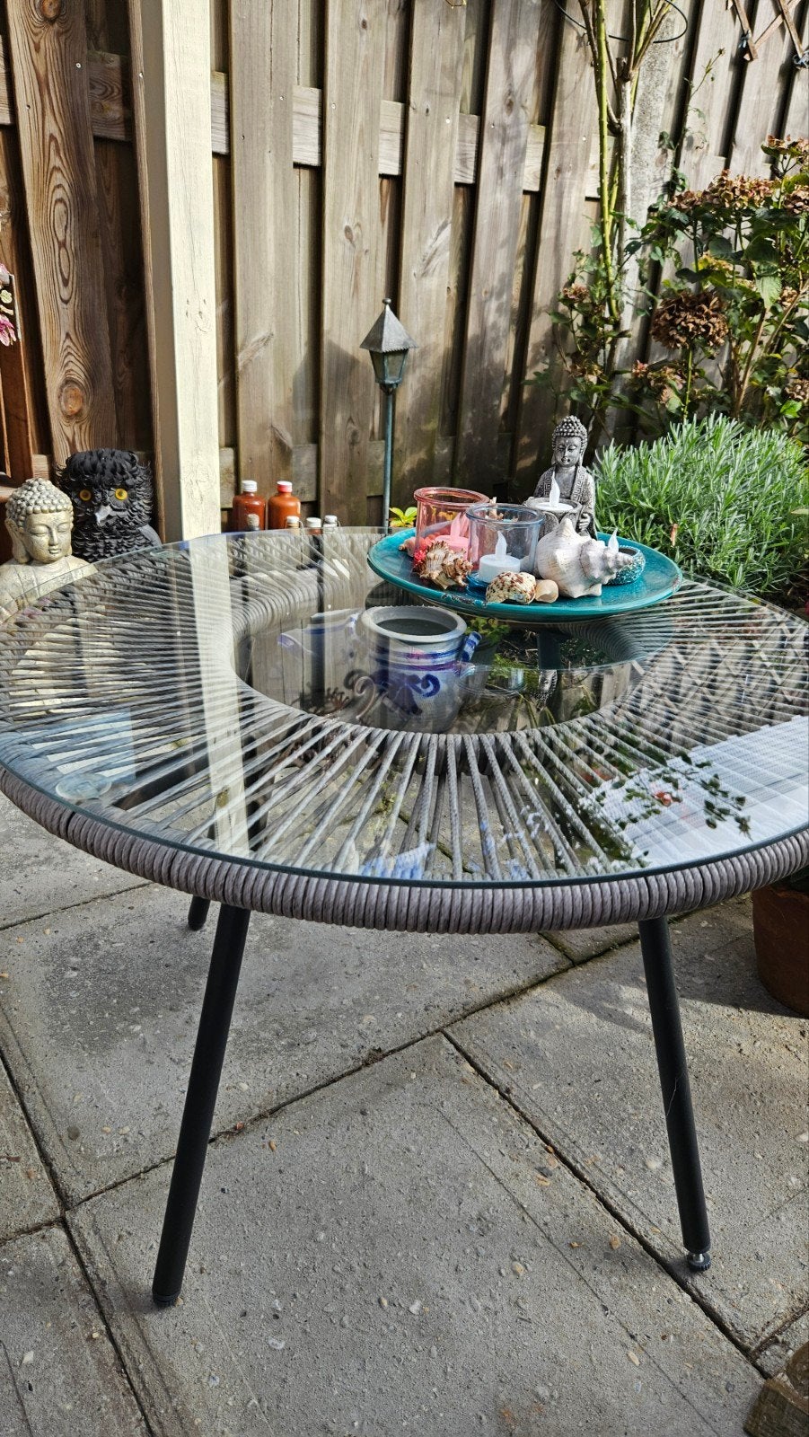 Ronde tuintafel met glazen blad en aluminium poten, Ophalen, Gebruikt, Rond, Aluminium