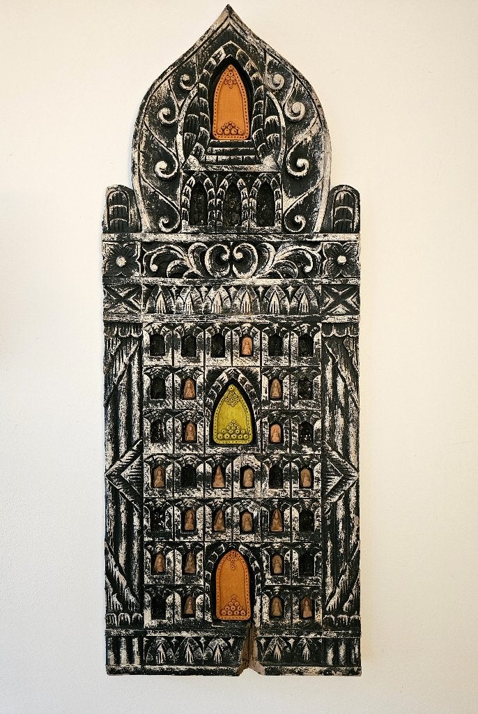 Thais Handgesneden Wandpaneel (104 cm) met Boeddha Amuletten, Ophalen, Gebruikt, 40 cm, Hout