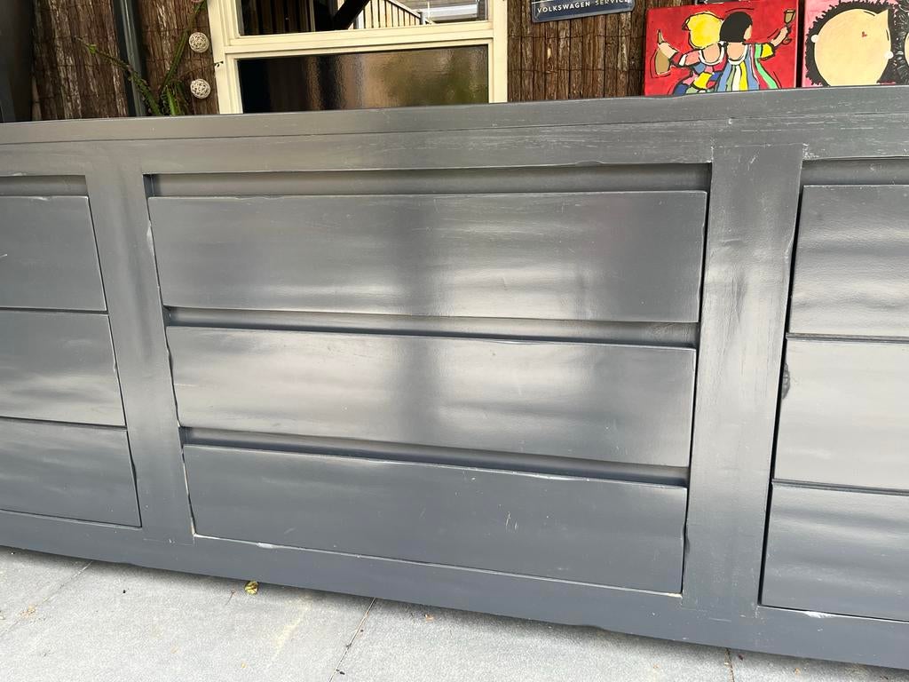Zwaar eiken dressoir met 3 lades en 2 deurtjes, Ophalen, Zo goed als nieuw, 25 tot 50 cm, 200 cm of meer