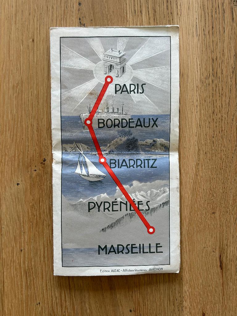 oude franse wegenkaart Perrier Paris Biarritz Marseille, Verzamelen, Ophalen of Verzenden, Reclamebord