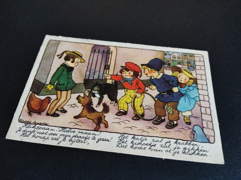 Vintage ansichtkaart Klikspaan rijmpje Freddie Langeler, Verzamelen, Ansichtkaarten | Themakaarten, Ophalen of Verzenden, 1940 tot 1960