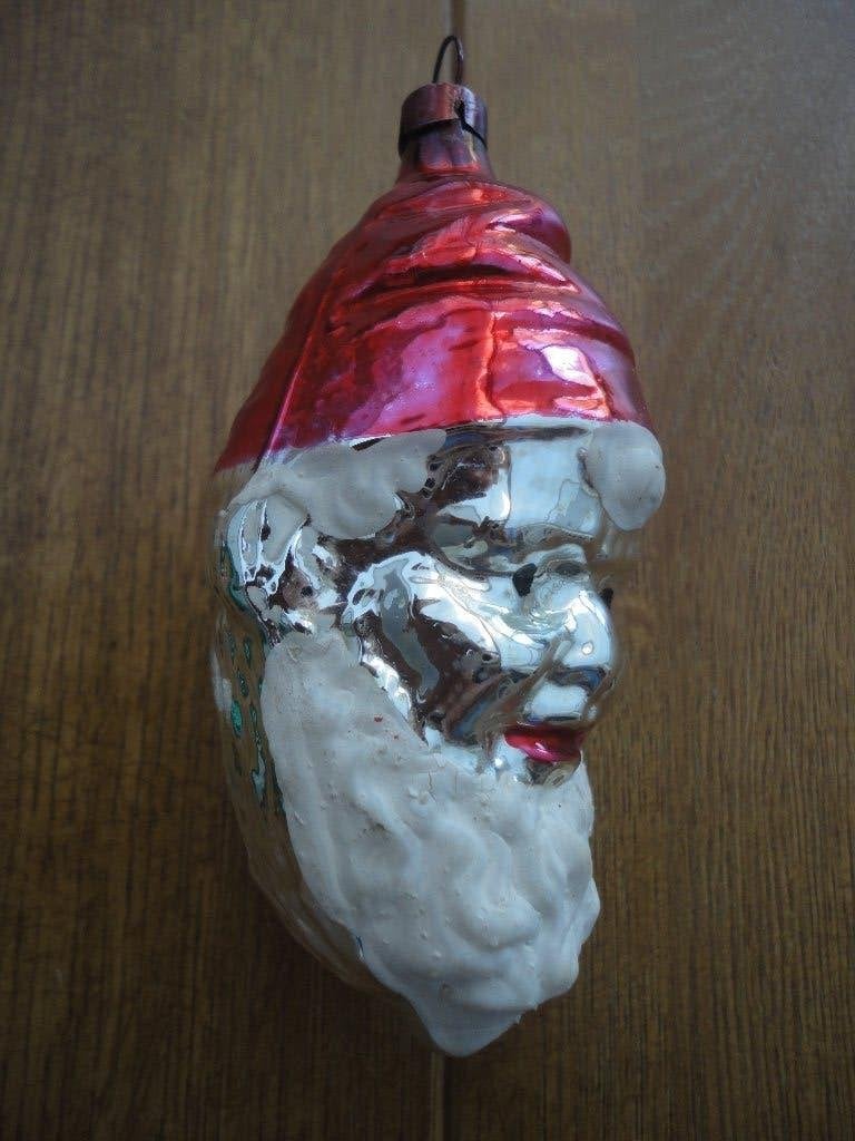 Mooie oude glazen kerstbal hoofd Kerstman c.q. kabouter, Ophalen of Verzenden, Gebruikt