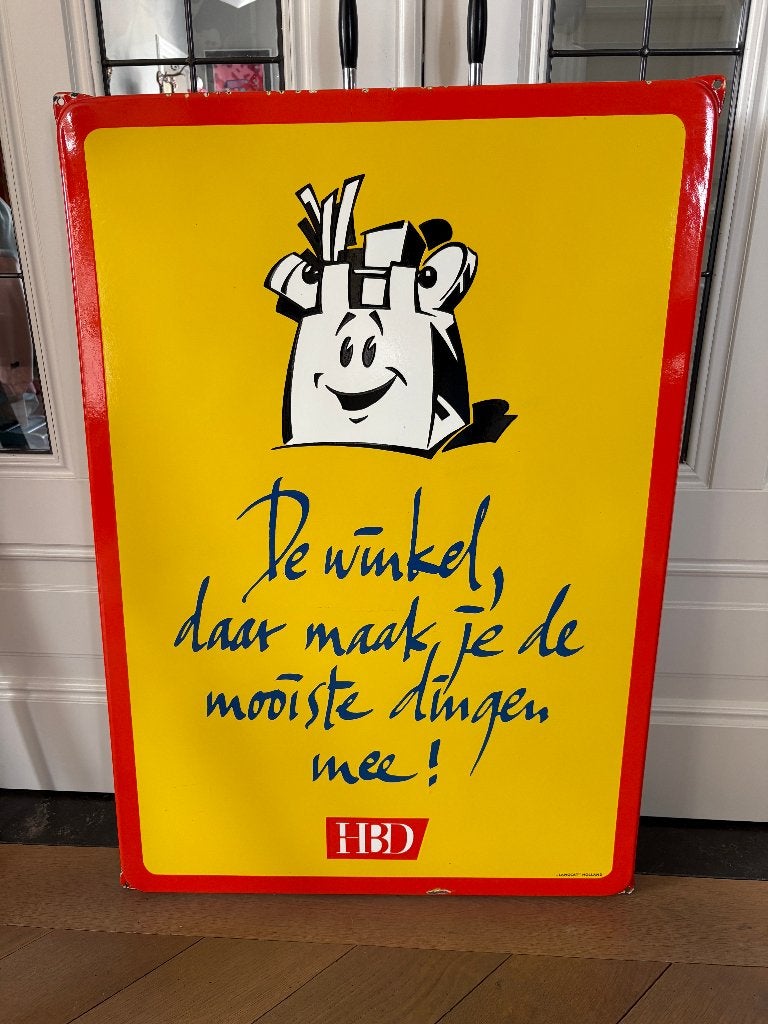 Emaille reclame bord HBD De Winkel, Ophalen of Verzenden, Zo goed als nieuw, Reclamebord
