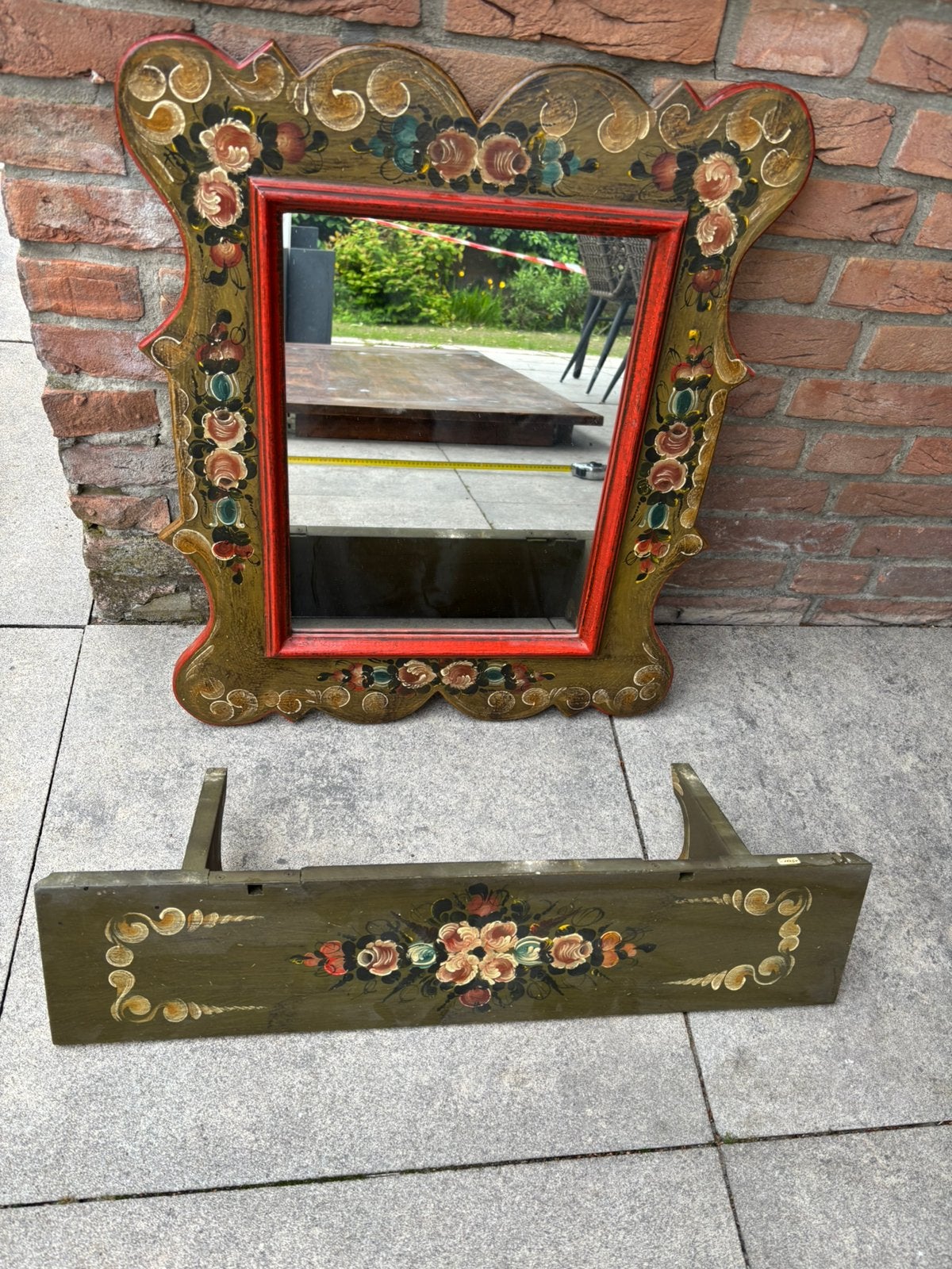 Antiek Rosemaling Spiegel planchet Volkskunst Scandinavisch, Antiek en Kunst, Ophalen, Rechthoekig