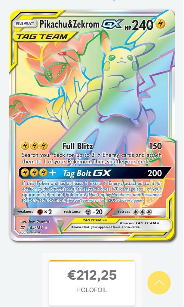 Pikachu & Zekrom GX TAG TEAM Holofoil Pokémon Kaart, Ophalen of Verzenden, Zo goed als nieuw, Losse kaart, Foil