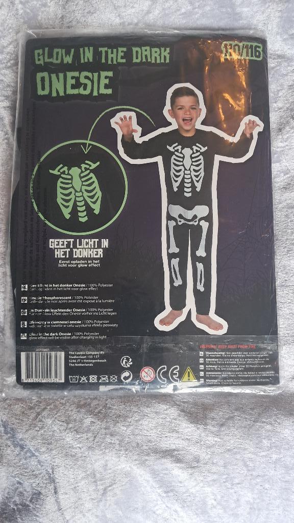 zgan. Skelet pak, maat 110-116, Glow in the dark, halloween, Kinderen en Baby's, Carnavalskleding en Verkleedspullen, Ophalen of Verzenden