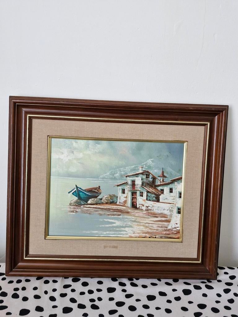 Schilderij met Mediterraan kustlandschap en boten, Antiek en Kunst, Ophalen of Verzenden