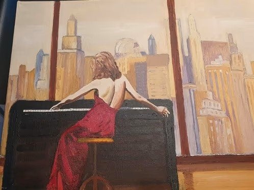 modern vrouw achter piano met skyline stad PSJA van Langen, Ophalen