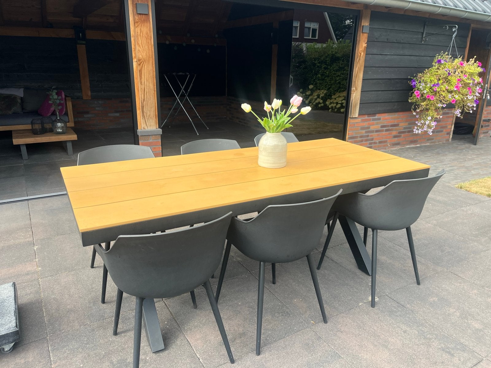 Exterio tuinset 200x90 cm met 6 kuipstoelen, Tuin en Terras, Tuinsets en Loungesets, Ophalen, Kunststof, Gebruikt, Eettafel