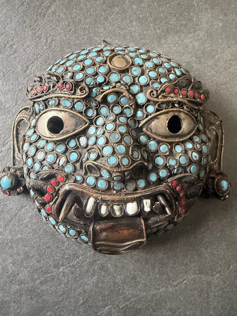 Tibetaans handgemaakt masker gogheid Mahakala koper stenen, Tibet, Masker, Handgemaakt, Ophalen of Verzenden