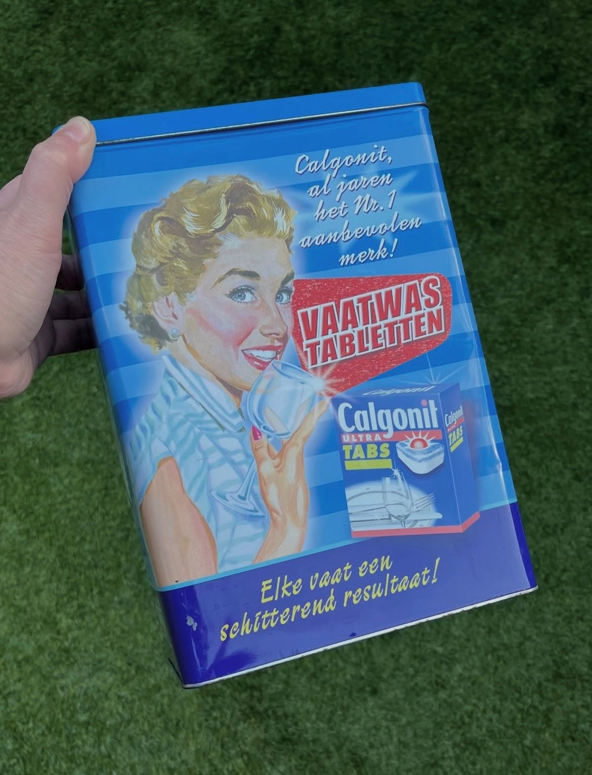 Calgonit blik bewaarblik wasblik scharnierdeksel retro groot, Ophalen, Overige