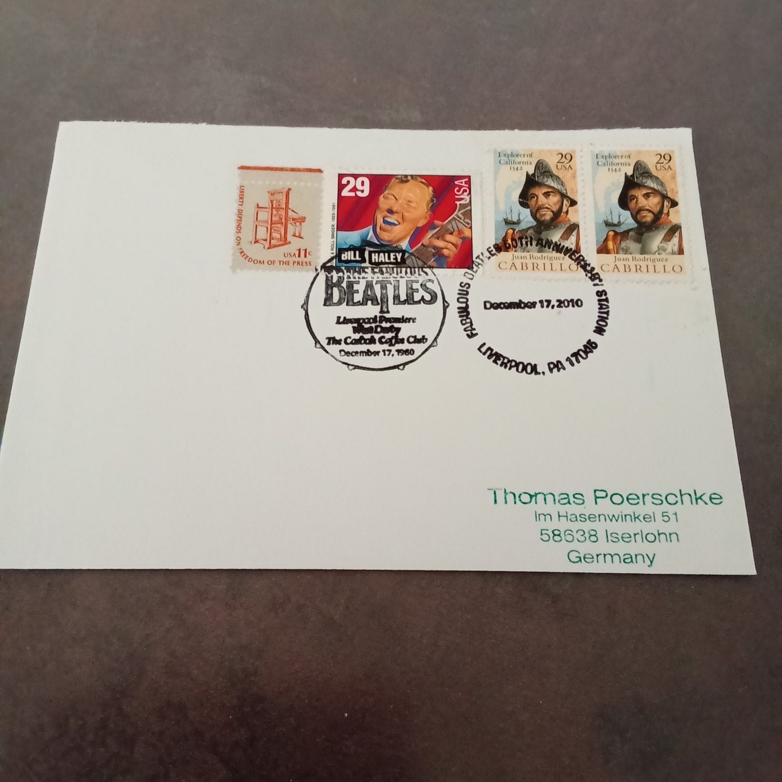 Beatles Gelegenheidsstempel - Liverpool Premiere 1960, Ophalen of Verzenden, Zo goed als nieuw, Foto of Kaart