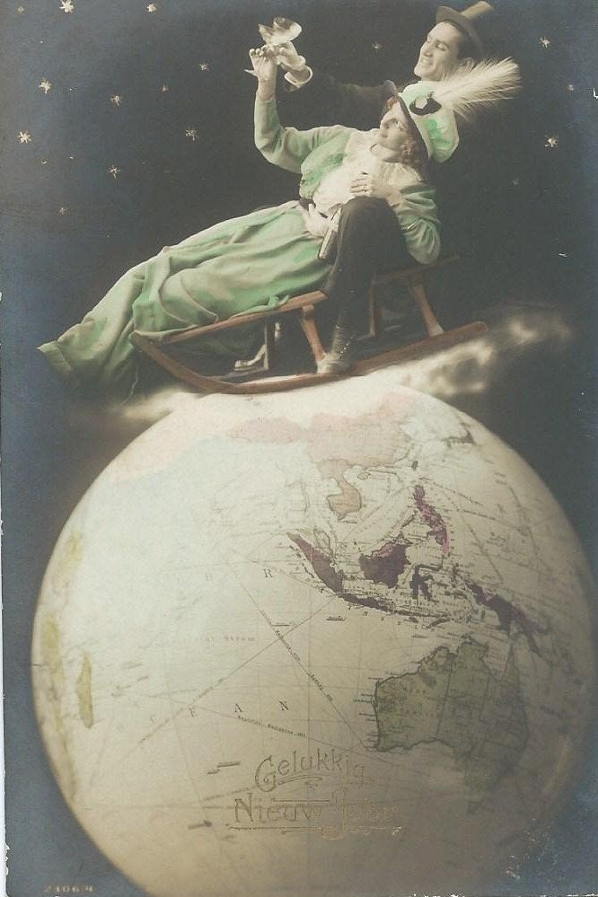 Antieke Nieuwjaarskaart: Gelukkig Nieuwjaar op de Wereldbol, Ophalen of Verzenden, Voor 1920, Gelopen, Feest(dag)