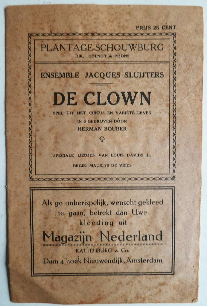 Plantage Schouwburg Jacques Sluiters De Clown ca 1920, Antiek en Kunst, Ophalen of Verzenden