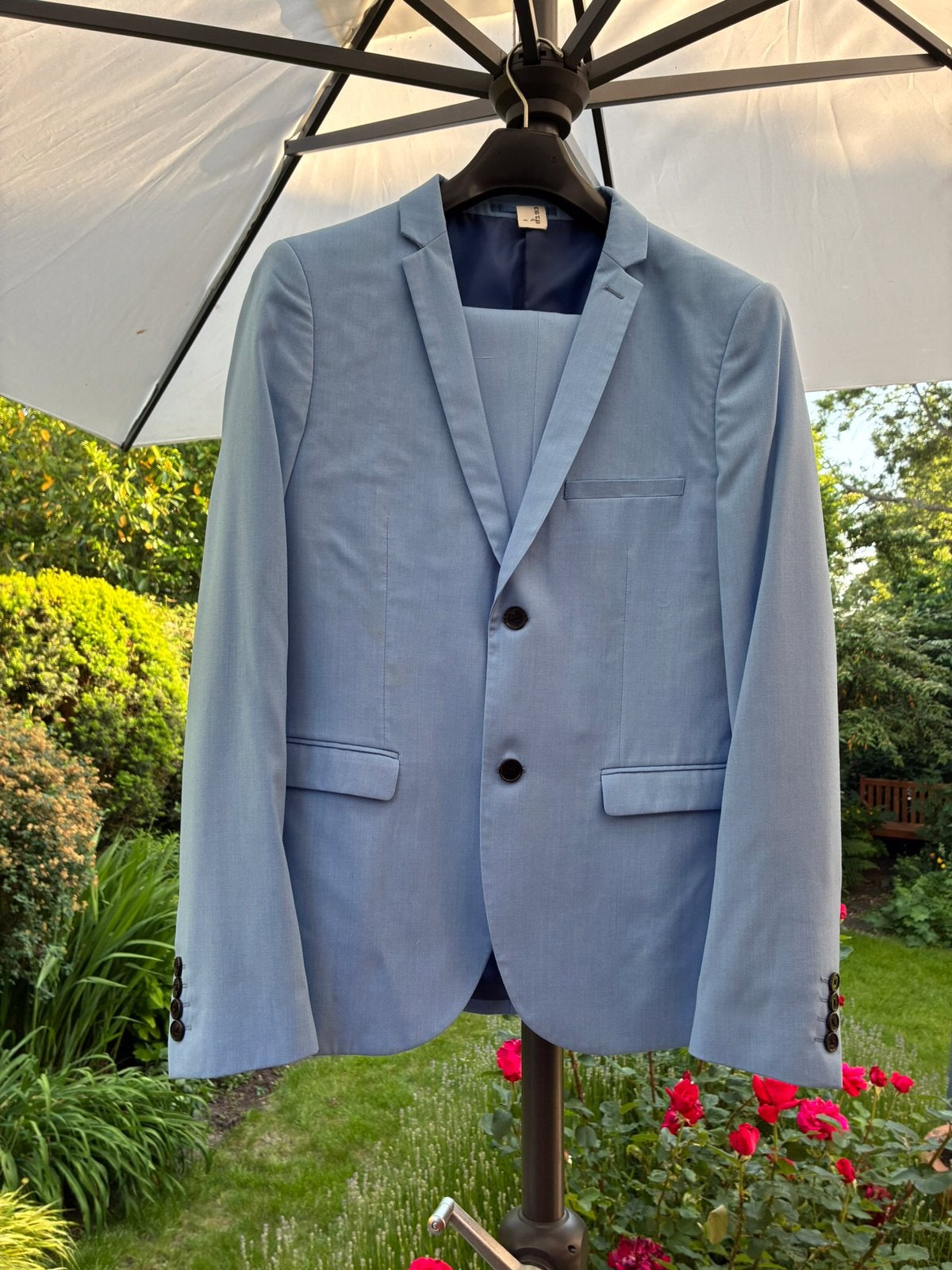 Zomers heren pak, lichtblauw, slimfit maat 50., Kleding | Heren, Kostuums en Colberts, Ophalen, Zo goed als nieuw, Maat 48/50 (M)