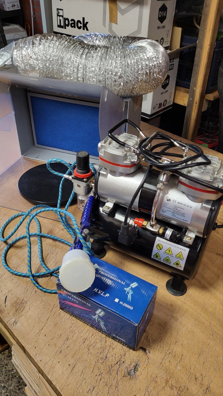 Airbrush Compressor met Afzuigcabine en Spuitpistool, 800 liter/min of meer, Nieuw, Ophalen of Verzenden, Olievrij