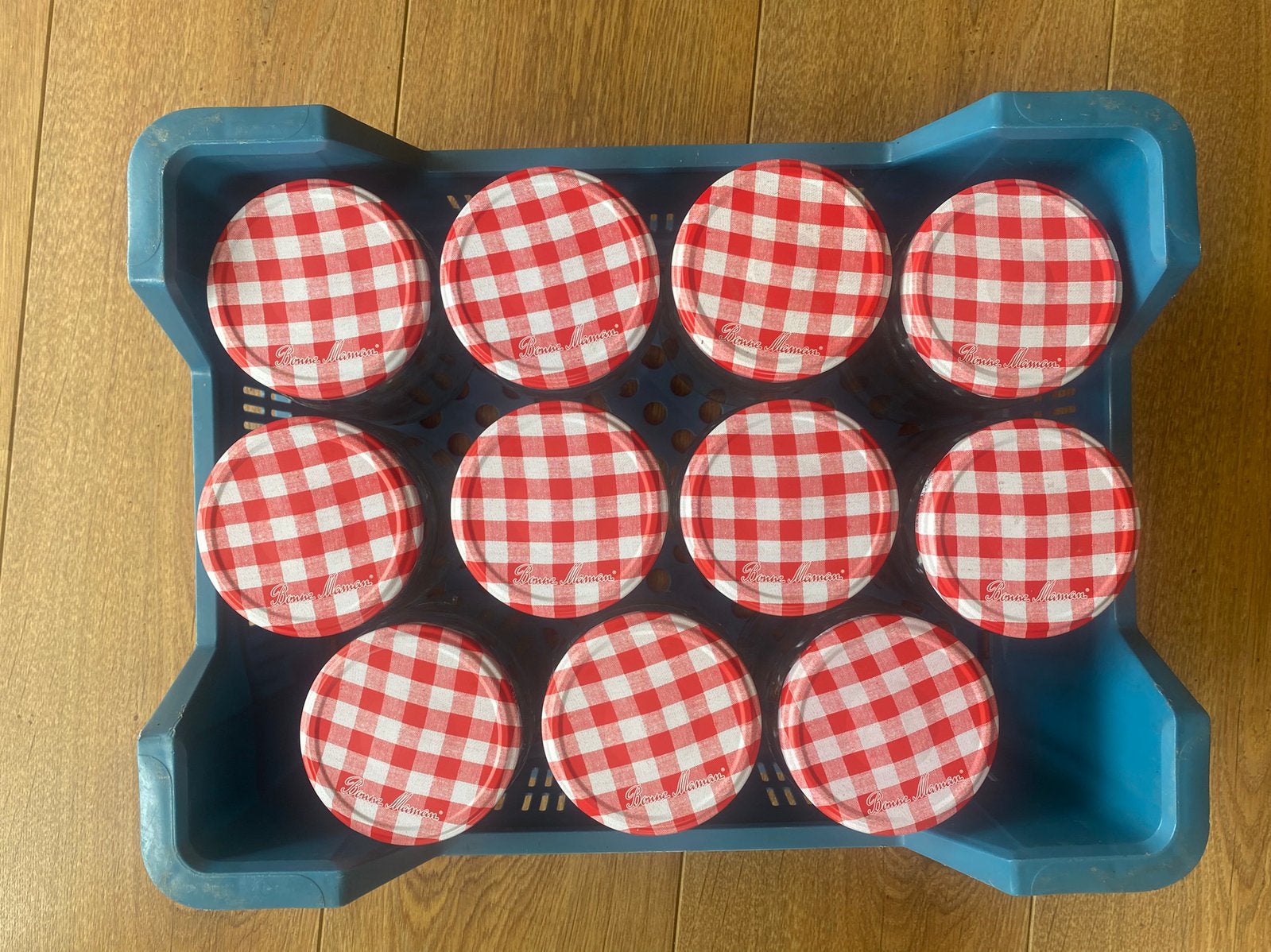 Glazen potten/potjes met rood wit-geruite deksels 600 gram, Ophalen of Verzenden