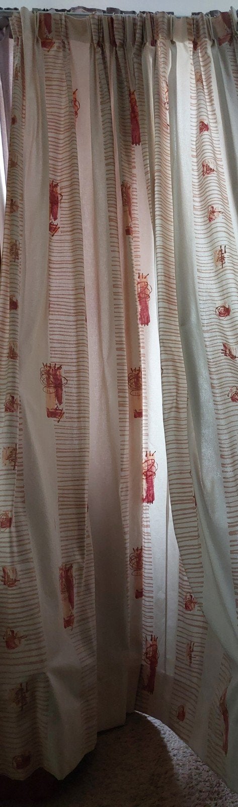 2x Vintage Gordijnen met jaren 80 print incl. gordijnhaakjes, Ophalen, 200 cm of meer, Zo goed als nieuw, 200 cm of meer