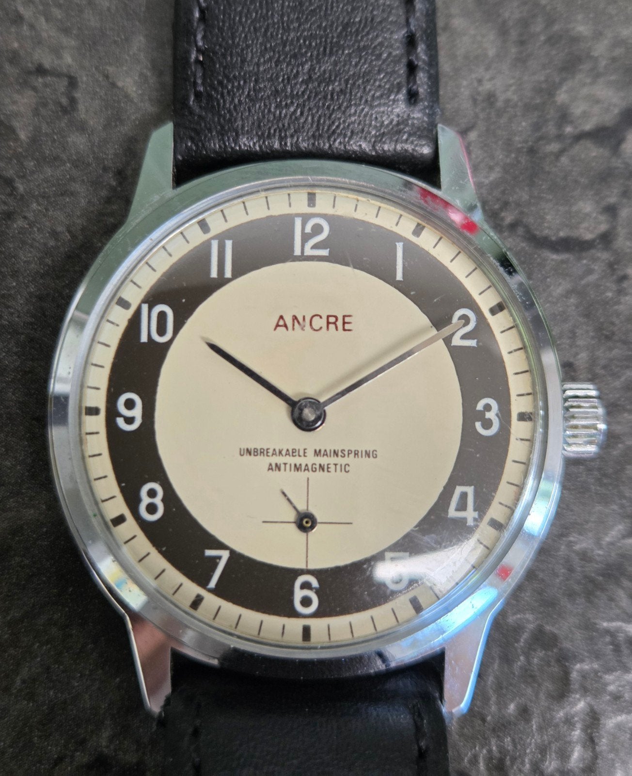 Ancre herenhorloge jaren 70, Sieraden, Tassen en Uiterlijk, Horloges | Antiek, Overige merken, Staal, Met bandje, Polshorloge
