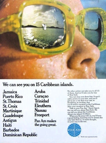 3 vintage advertenties Pan Am vliegmaatschappij 68-9 Panam, Ophalen of Verzenden, Gebruikt, Overige typen