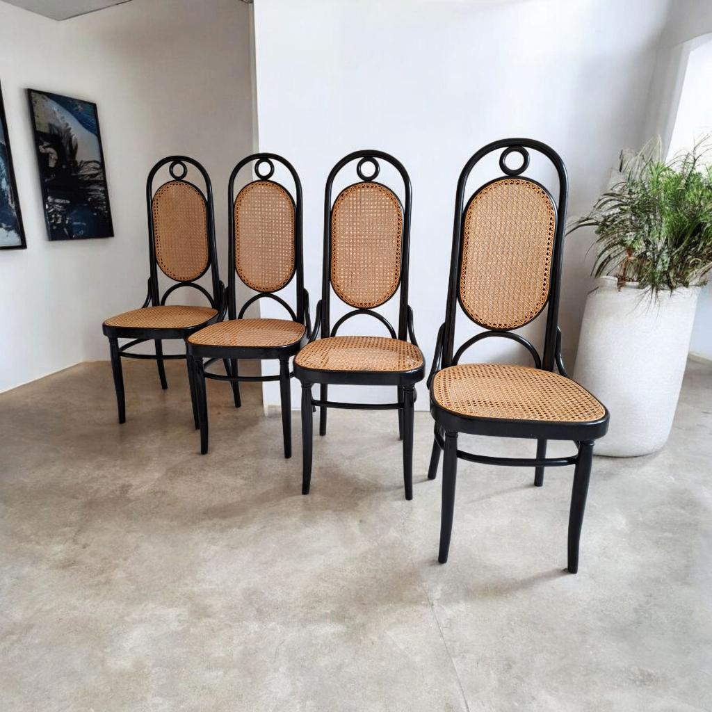 Vintage Eetkamerstoelen - Thonet Stijl - Zwart met Rotan, Huis en Inrichting, Stoelen, Ophalen, Gebruikt, Zwart, Hout