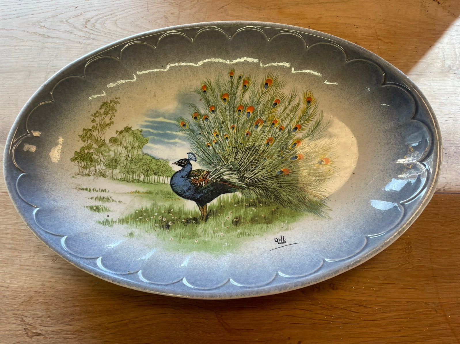 Serveerschaal ceramica met prachtige pauw., Ophalen of Verzenden