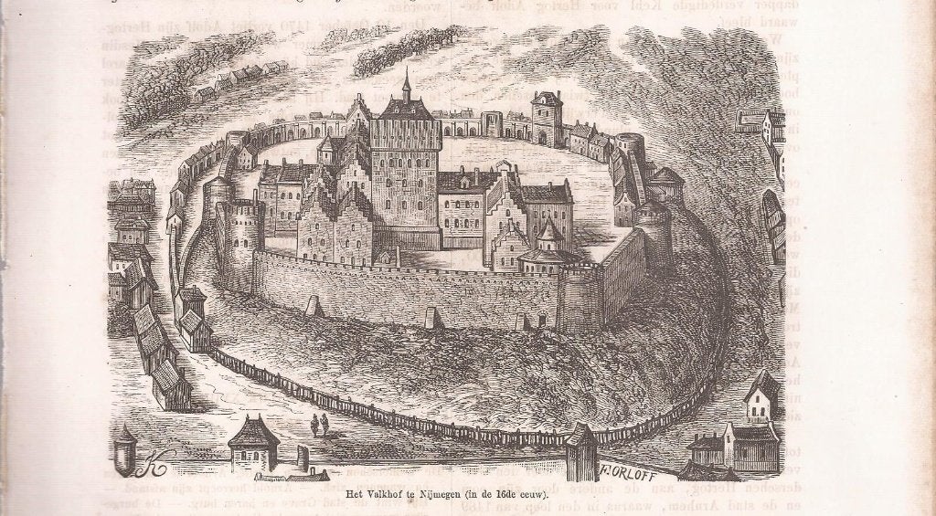 Nijmegen. Het Valkhof te Nijmegen (in de 16e eeuw) houtgr., Antiek en Kunst, 10 cm, Origineel, 1800 - 1899, Stadsgezicht