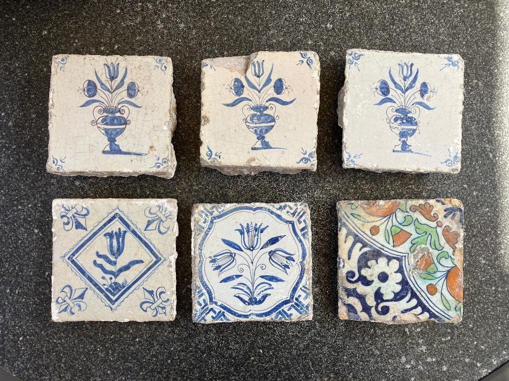 Set van 6 antieke 17e-eeuwse Delftse / Hollandse wandtegels, Antiek en Kunst, Antiek | Wandborden en Tegels, Ophalen