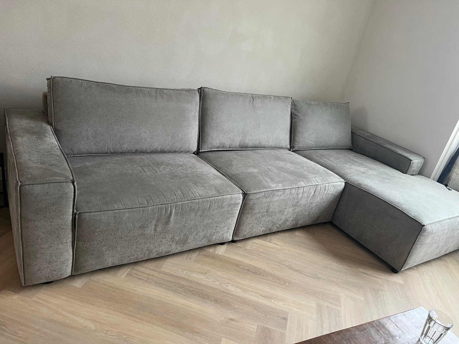 Taupe/beige hoekbank, Ophalen, Hoekbank, 300 cm of meer, Zo goed als nieuw