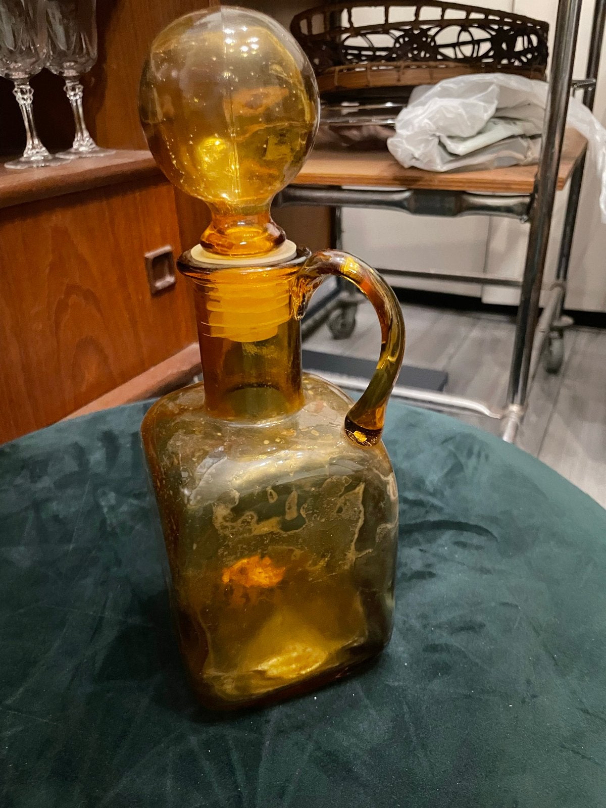 Vintage Empoli karaf amberkleurig glas met stop, Antiek en Kunst, Ophalen of Verzenden