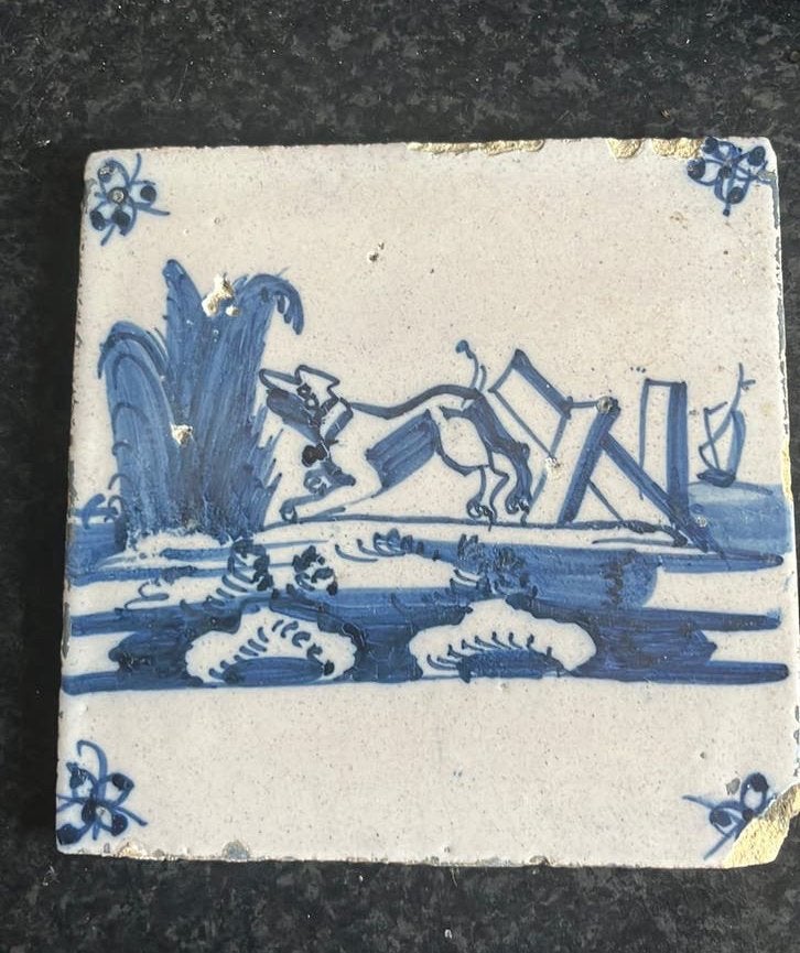 Antiek Tegeltje - Hond - 13 x 13 cm, Antiek en Kunst, Ophalen of Verzenden