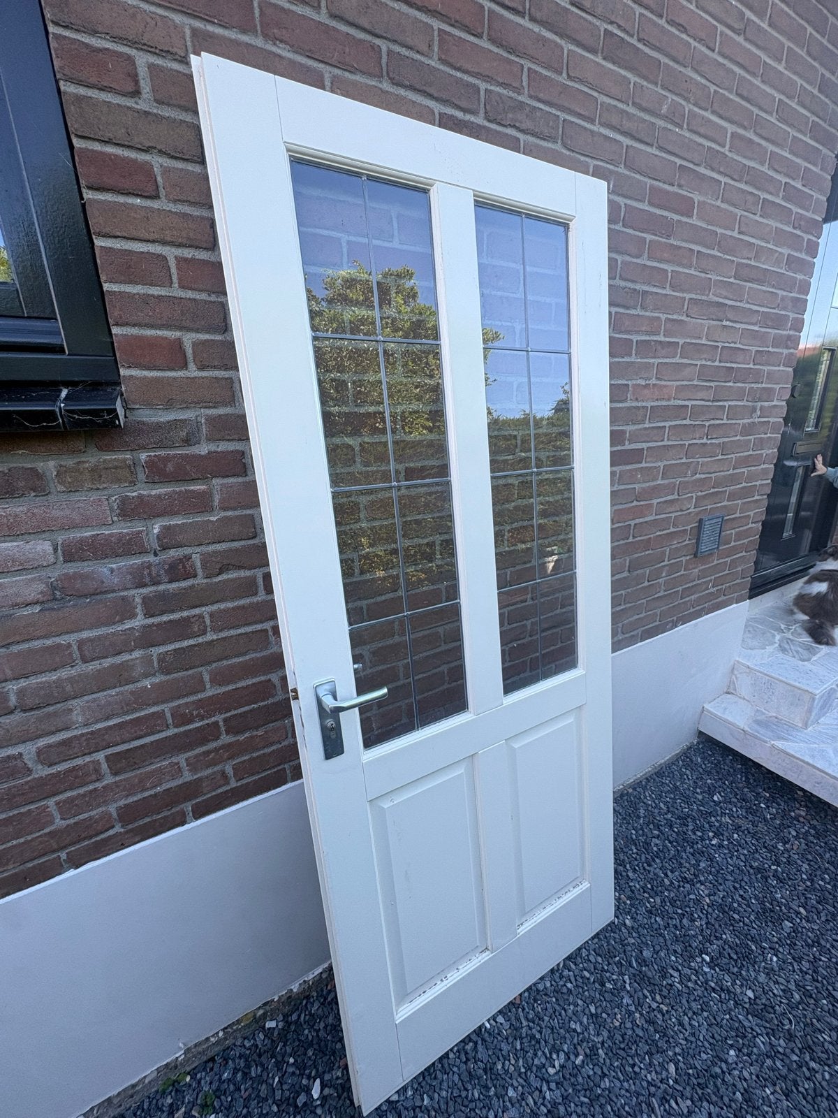 Massieve opdekdeur 211,5x88 met glas in lood, Ophalen, Gebruikt, 80 tot 100 cm, Binnendeur