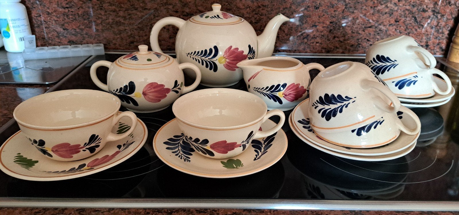 Puntgaaf oud boerenbont theeservies., Ophalen, Gebruikt, Keramiek, Vintage