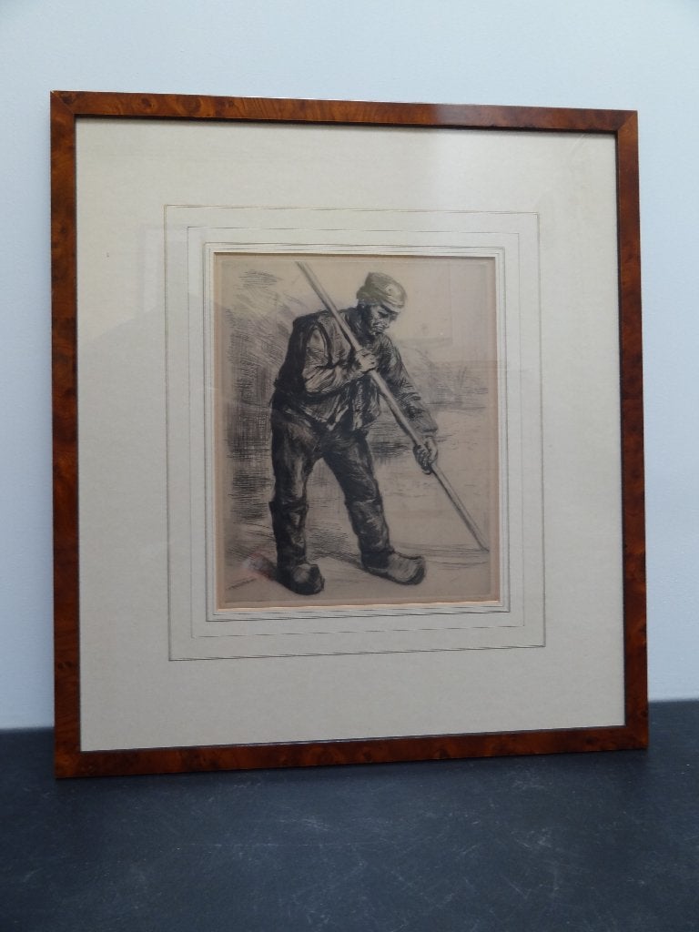 ets man op klompen die baggert met een stok, W. Dingemans, Antiek en Kunst, Ets, Portret, Ophalen of Verzenden, Origineel