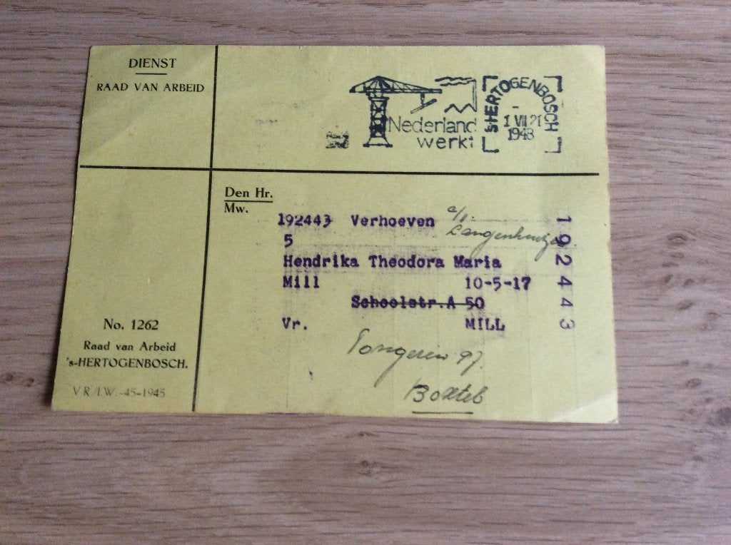 Rentekaart uit 1948 Raad van Arbeid Den Bosch, Ophalen of Verzenden, Gebruikt