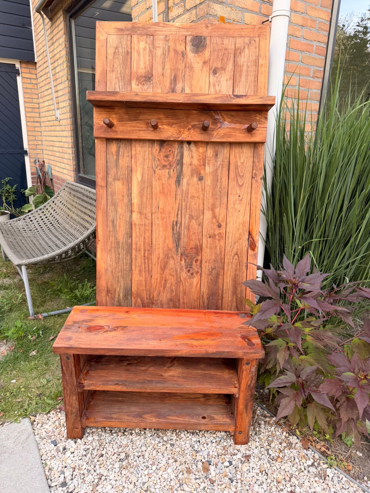 Heavy Solid Wood Coat Rack with Shoe Bench, Ophalen, Gebruikt, Staande kapstok, 150 tot 200 cm