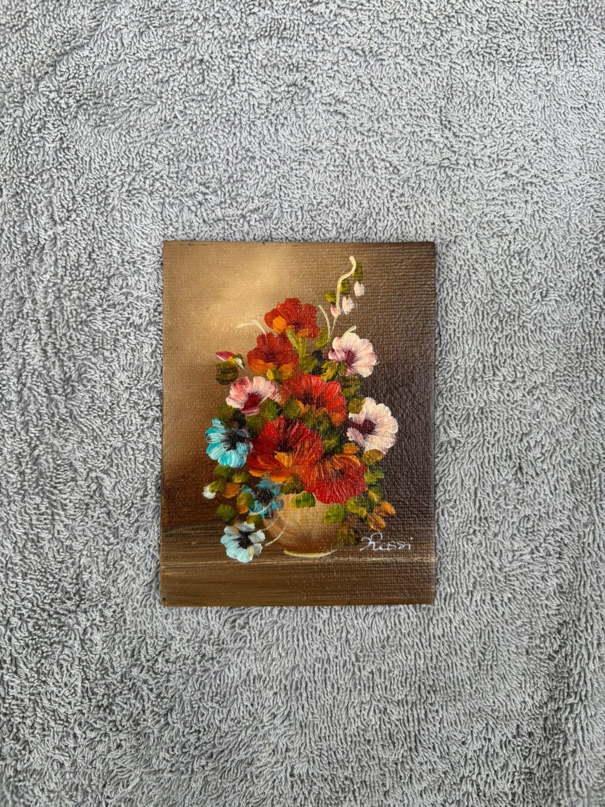 Vintage mini olieverf schilderij bloemen, Antiek en Kunst, Kunst | Schilderijen | Klassiek, Bloemen, Paneel, Verzenden, Gesigneerd