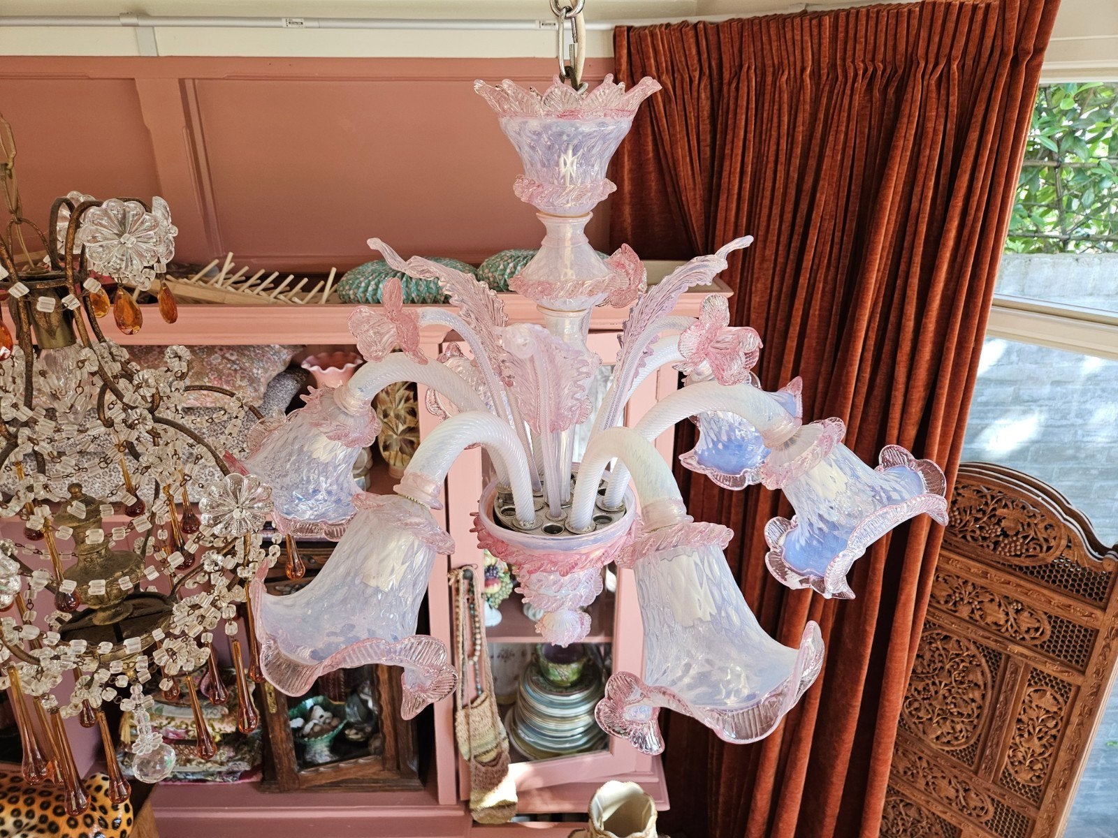 Antieke Murano glazen kroonluchter - roze/wit, Ophalen of Verzenden