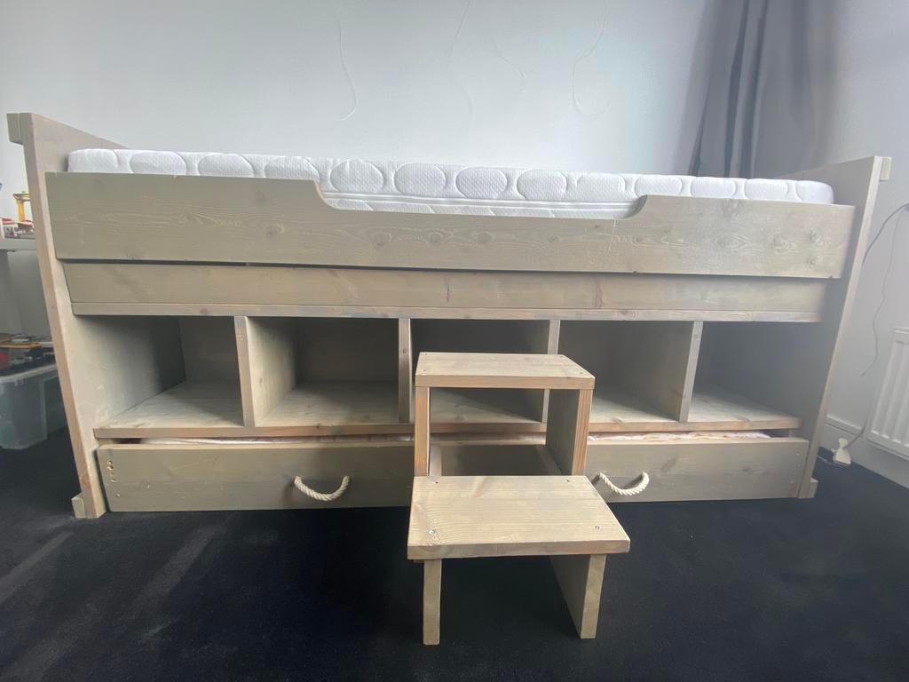Steigerhouten eenpersoons halfhoogslaper met bedlade, Ophalen, Gebruikt, 90 cm, Eenpersoons