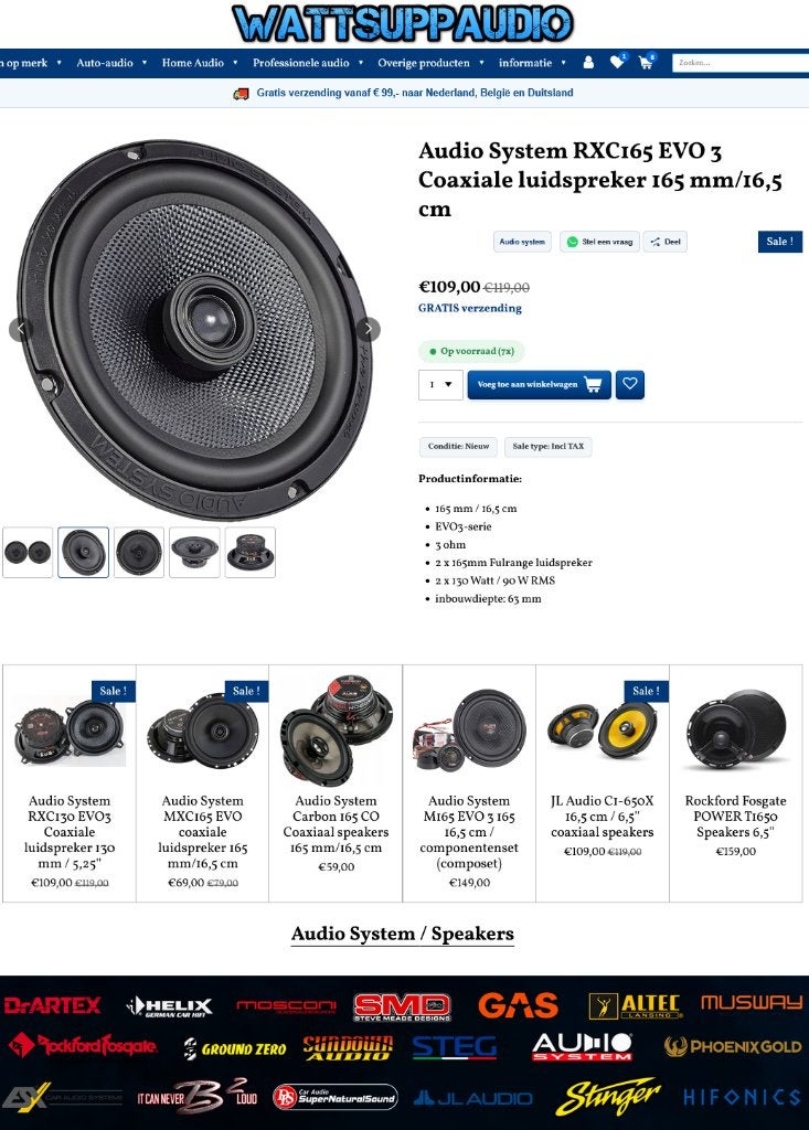 Audio System RXC165 EVO 3 Coaxial speaker 165mm/16.5cm, Info@optimount.nl, Nieuw, Ophalen of Verzenden, Anholtseweg 48A 7091 HB DINXPERLO