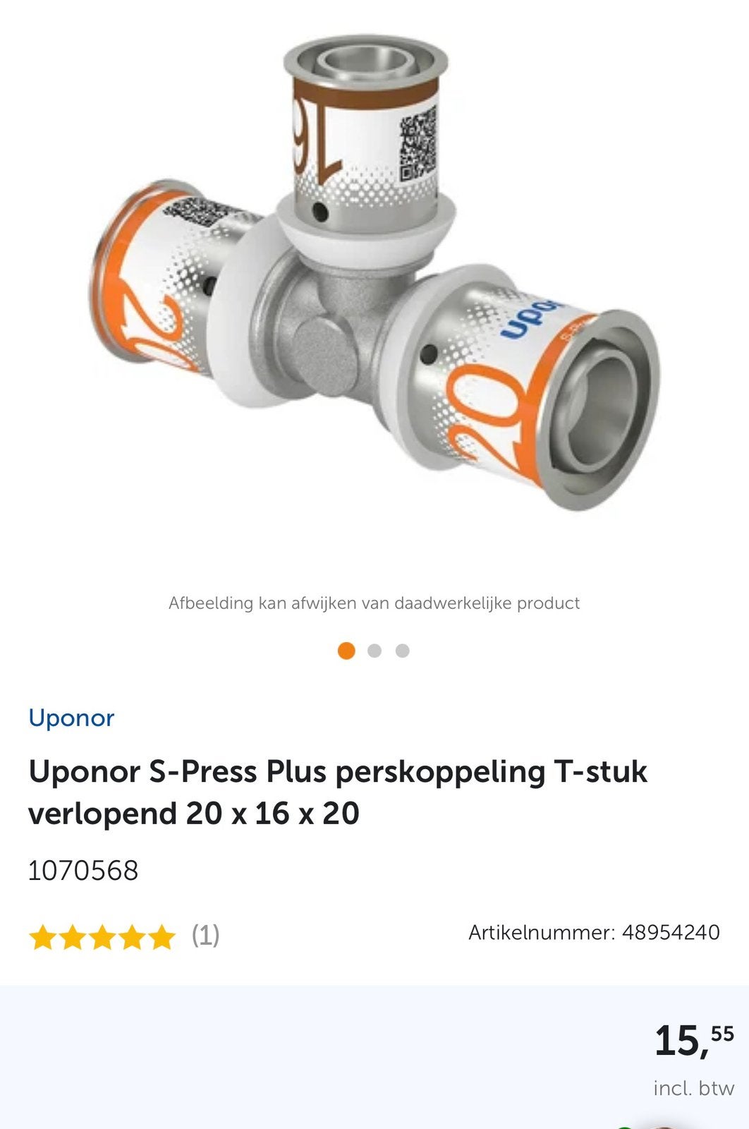 Uponor S-Press Plus perskoppeling T-stuk verlopend 20x16x20, Ophalen, Nieuw, Overige typen