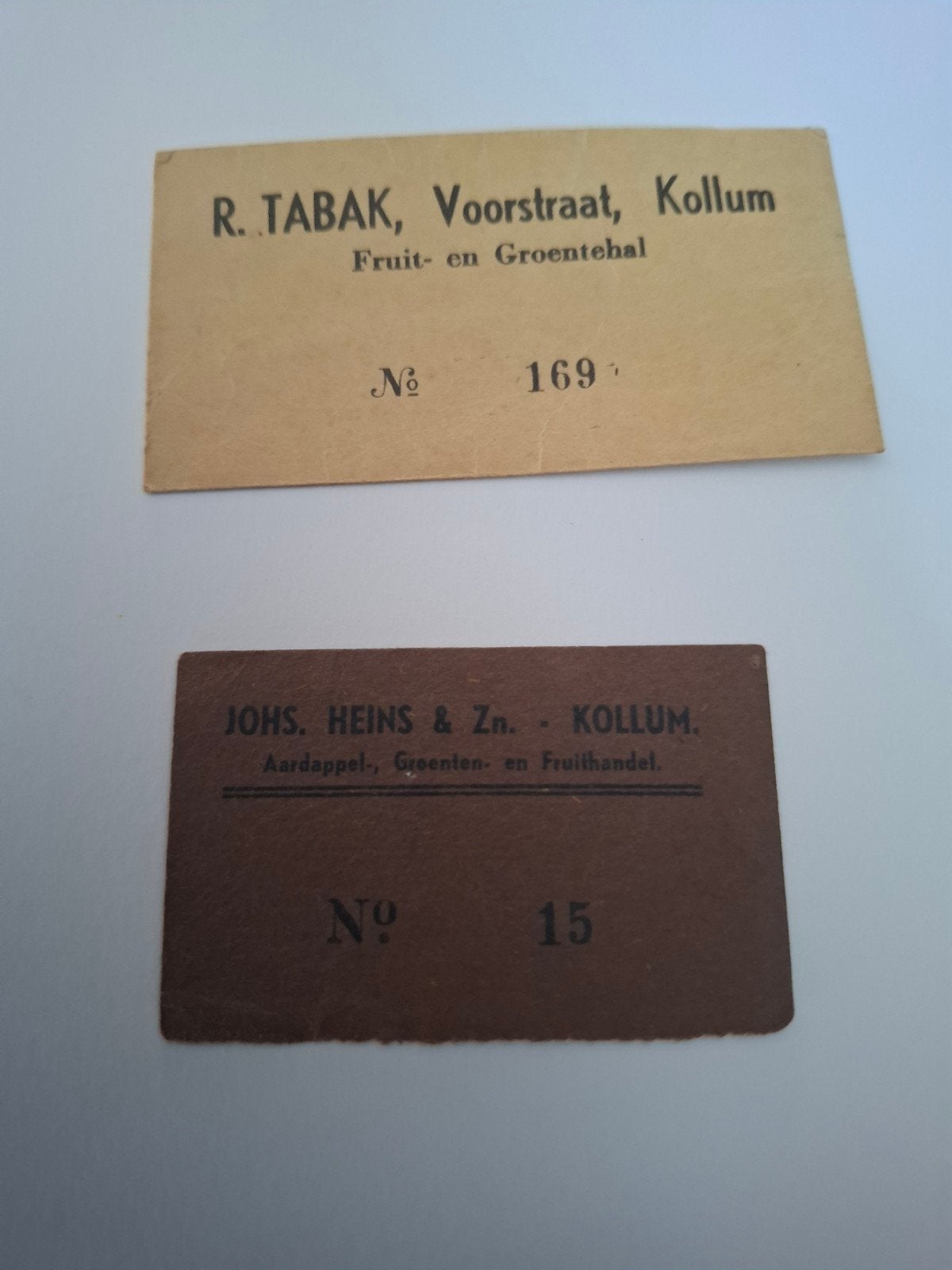 Oude visitekaartjes R. Tabak en Johs. Heins & Zn. Kollum, Ophalen of Verzenden, Voor 1970, Visitekaartje