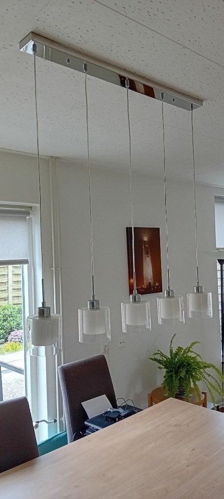 5 lichts hanglamp voor boven eettafel, Ophalen, Gebruikt, Glas, E14 (klein)