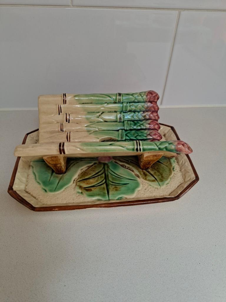 Vintage keramische aspergeschaal met 6 houders, Ophalen of Verzenden