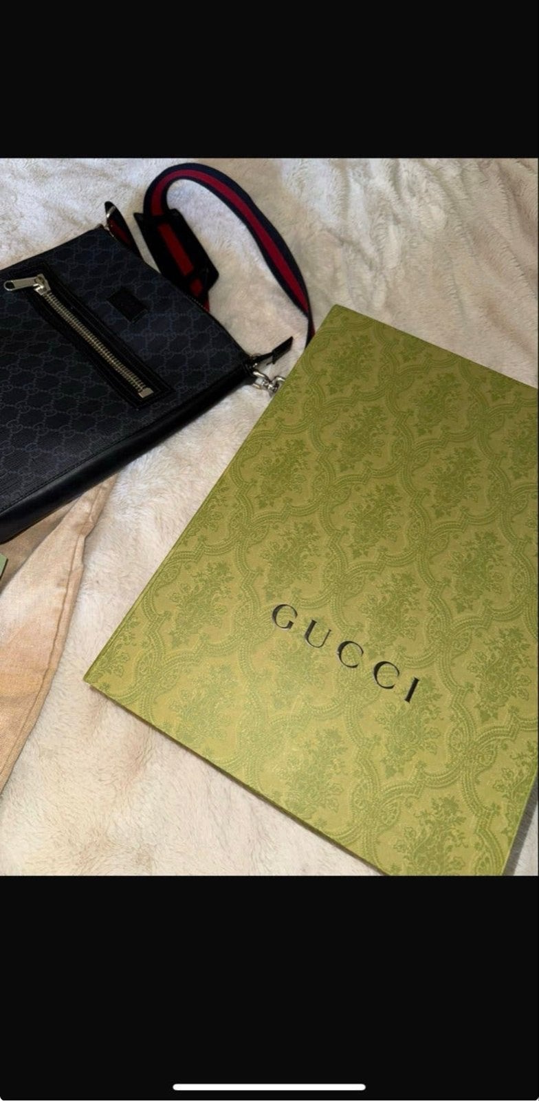 Gucci GG Supreme Messenger Tas Zwart met Rood/Blauwe Band, Overige merken, Zwart, Ophalen of Verzenden, Zo goed als nieuw