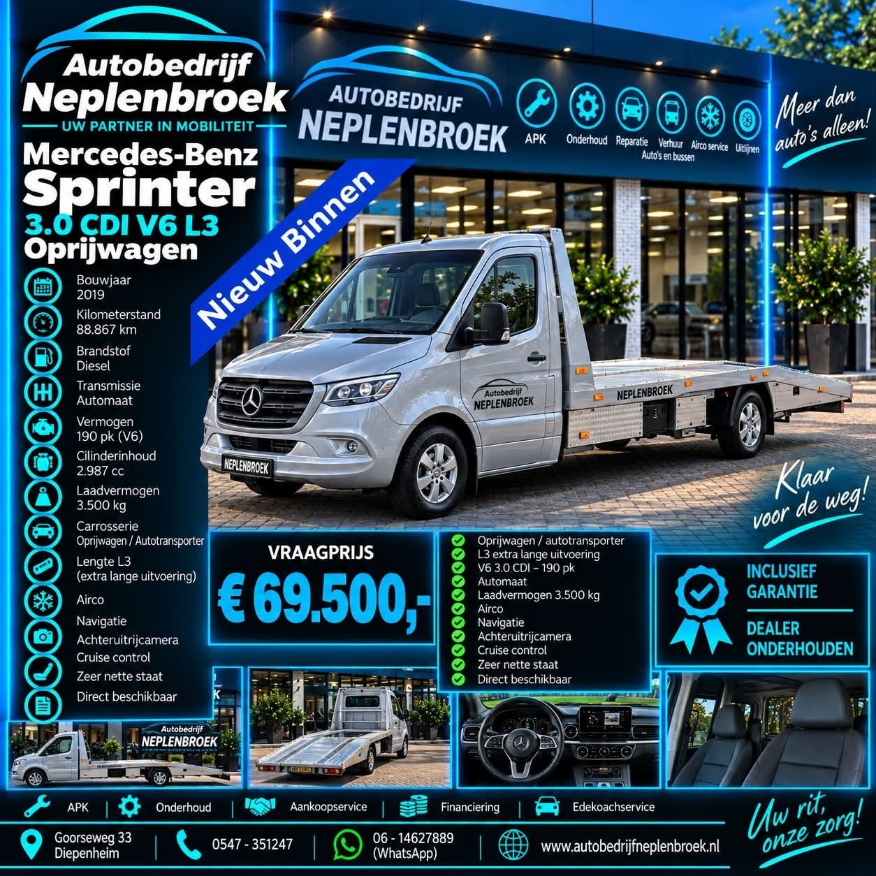 Mercedes-Benz Sprinter 3.0 CDI V6 L3 Oprijwagen Luchtvering, Auto's, Dealer onderhouden, Gebruikt, 190 pk, 2260 kg