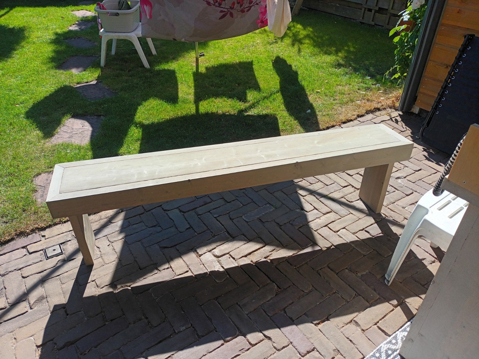 Strak houten bankje - 165x30x45 cm, Ophalen, Minder dan 75 cm, Tweepersoons, Zo goed als nieuw