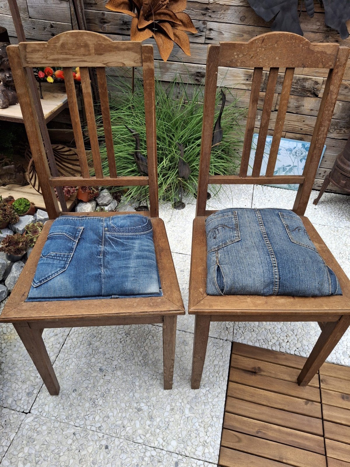 Set van 2 houten stoelen met spijkerstof kussens, Ophalen