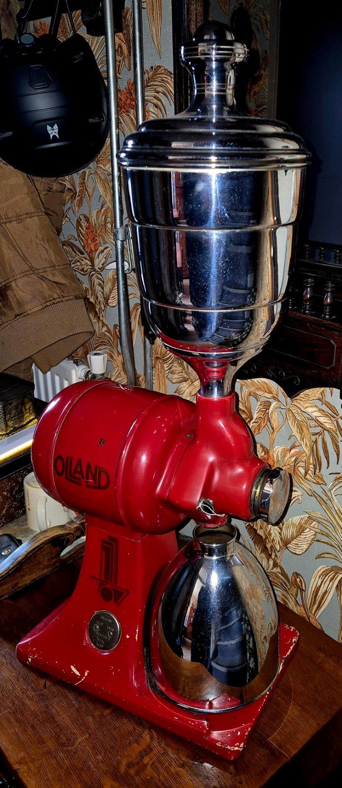 Koffiebonenmolen Olland vintage - Rood Chrome koffiemolen, Antiek en Kunst, Antiek | Keukenbenodigdheden, Ophalen